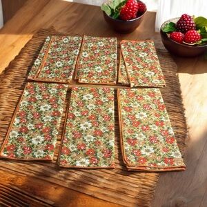 *Vintage Set of 6 Cloth Table Napkins All Over Floral Print- Orange White Flower